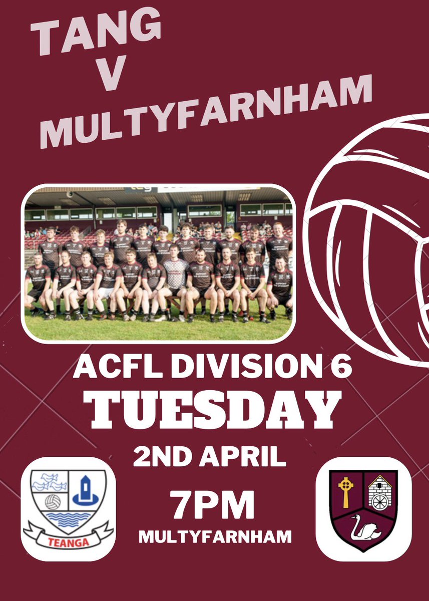 Our Junior team are out in Division 6 action tonight v @MultyfarnhamG in Multyfarnham at 7pm.

Come out and support the team

@westmeath_gaa 

#tanggaa #westmeathgaa #acfl #division6
