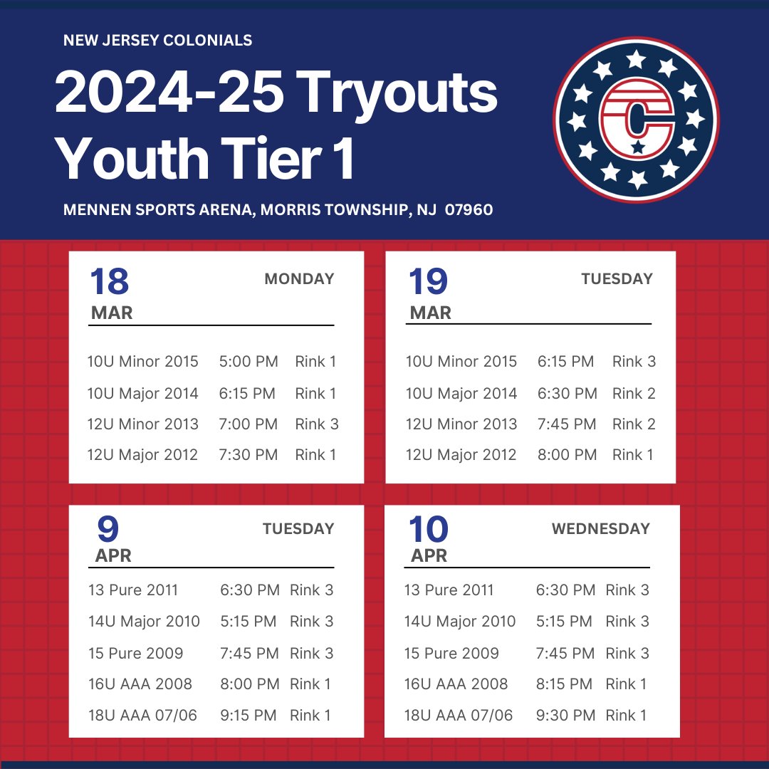 Youth Tier 1 Tryouts begin in 1 week! Check out our head coach lineup. Don't delay, register today: colonialshockey.org. @The_AYHL