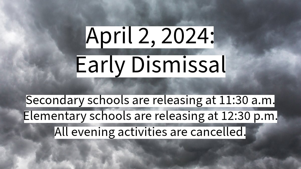 IMPORTANT ANNOUNCEMENT: The KCSD will have an early dismissal on Tuesday, April 2, 2024 due to predicted inclement weather. This is a recommendation from Homeland Security. Secondary schools will be released at 11:30 am. Elementary dismissal will begin at approximately 12:30 pm