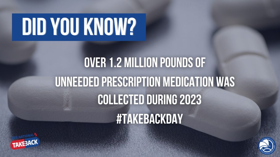 In 2023, the DEA gathered more than 1.2 million pounds of unused medications. Let's ensure the safety of your loved ones by decluttering your medicine cabinets for the upcoming #TakeBackDay on April 27th. Stay informed and responsible by visiting bit.ly/3PuKTy4