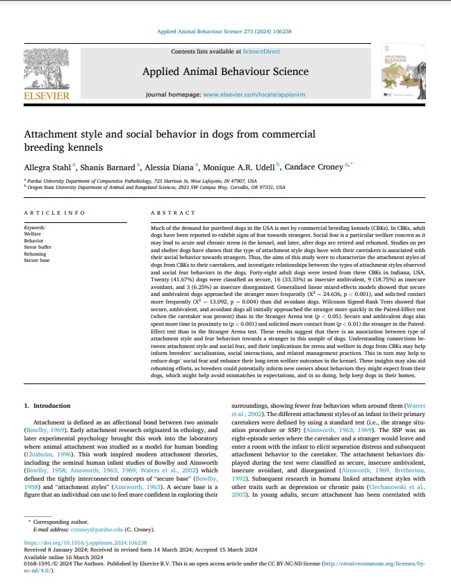 New publication from the Croney Research Group and Dr. Monique Udell: 'Attachment style and social behavior in dogs from commercial breeding kennels'
#caninewelfare #caninescience
sciencedirect.com/science/articl…