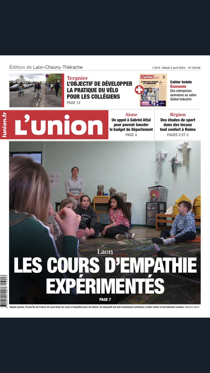 À Laon, des cours d’empathie expérimentés dans deux écoles pour notamment lutter contre le harcèlement scolaire. Un reportage à lire dans @UnionArdennais 
🗞️ urlz.fr/q71G
