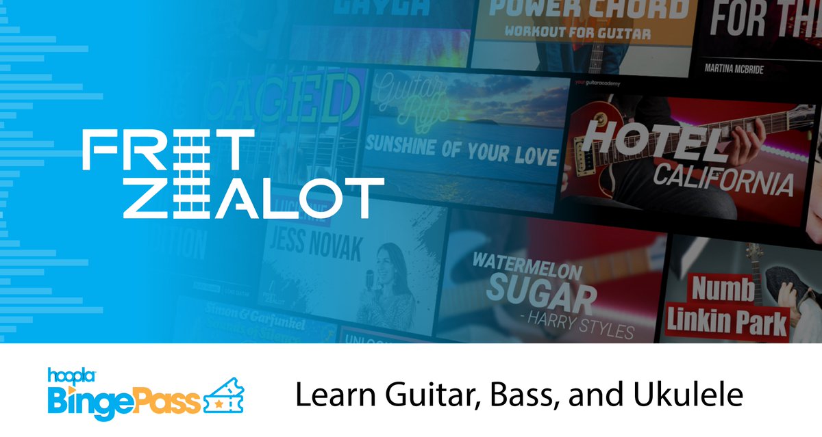 Learn to play the guitar, bass guitar, and ukulele with the Fret Zealot BingePass on hoopla! Browse more than 3,500 video lessons from the world's top instructors.  hoopladigital.com/bingepass/fret… #librarycardbenefits