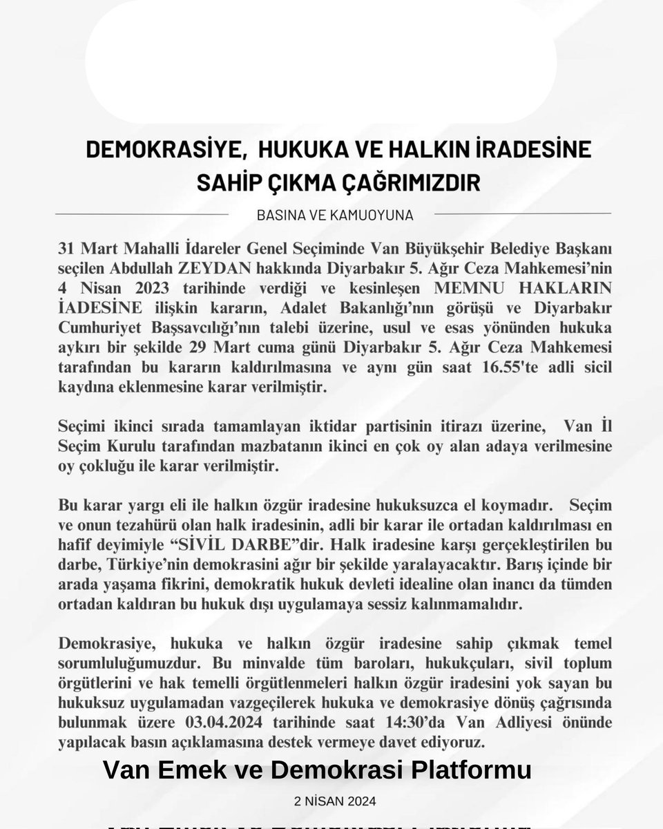 BÖLGEDEKİ TÜM DEMOKRASİ GÜÇLERİNİ YARIN( 03.04.2024) SAAT:14.30'DA VAN ADLİYESİ ÖNÜNDE YAPACAĞIMIZ AÇIKLAMAYA DAVET EDİYORUZ!