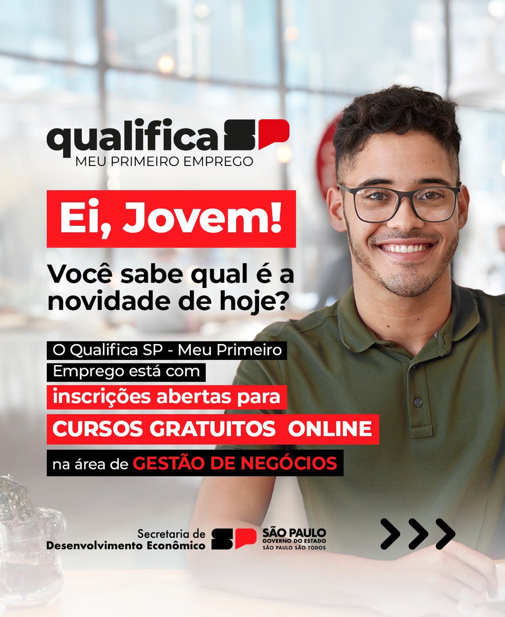 desenvolvesp's tweet photo. 🎯Transforme seus sonhos em realidade! O Qualifica SP - Meu Primeiro Emprego oferece cursos ONLINE e GRATUITOS em áreas essenciais no mercado de trabalho.
💻Inscrições ABERTAS! Garanta seu lugar até 24 de abril.
📲Acesse https://t.co/TCTiZOJsa1
#QualificaSP #PrimeiroEmprego https://t.co/3NSSttfiki
