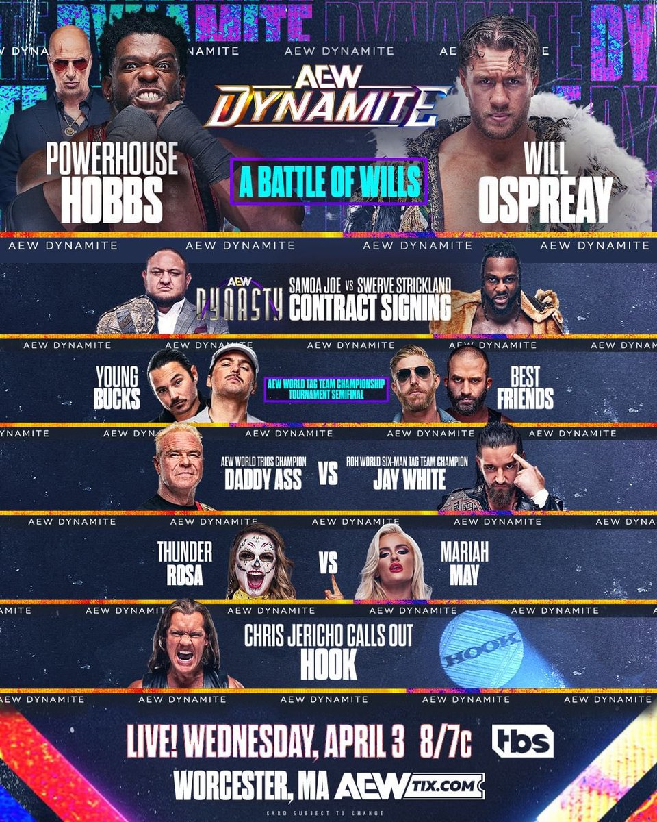 TOMORROW - WEDS. APRIL 3! AEW returns to the DCU Center in Worcester with #AEWDynamite LIVE and #AEWCollision and the matches are set! Tickets as low as $20 are available through Ticketmaster (link in bio), AEWTIX.com, and the Box Office.