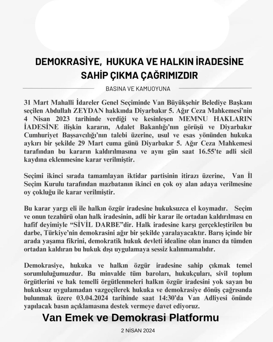 Demokrasiye, hukuka ve halkın iradesine sahip çıkmaya çağırıyoruz.