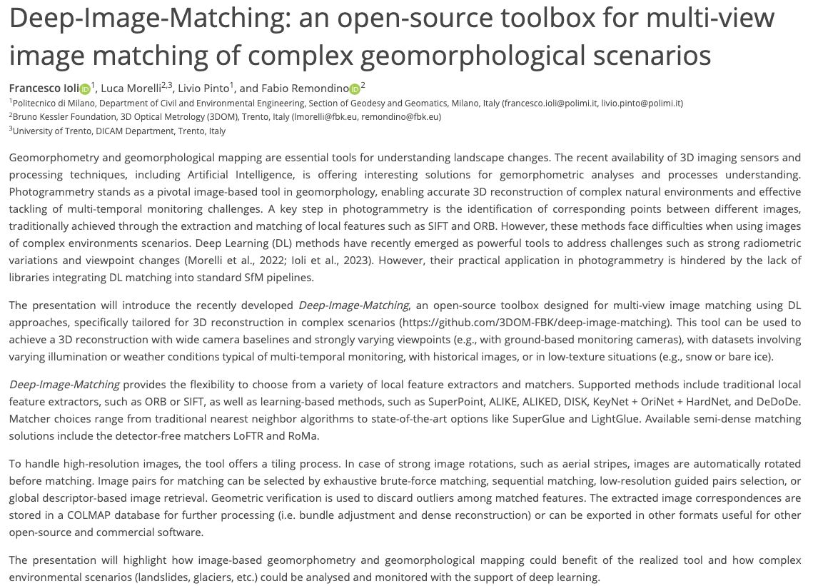 here our contribution (2/3) for the European Geosciences Union (@EuroGeosciences) General Assembly 2024: - Deep-Image-Matching: an open-source toolbox for multi-view image #matching of complex geomorphological scenarios meetingorganizer.copernicus.org/EGU24/EGU24-16… Monday, 15 Apr, 11:10–11:20, Room G1