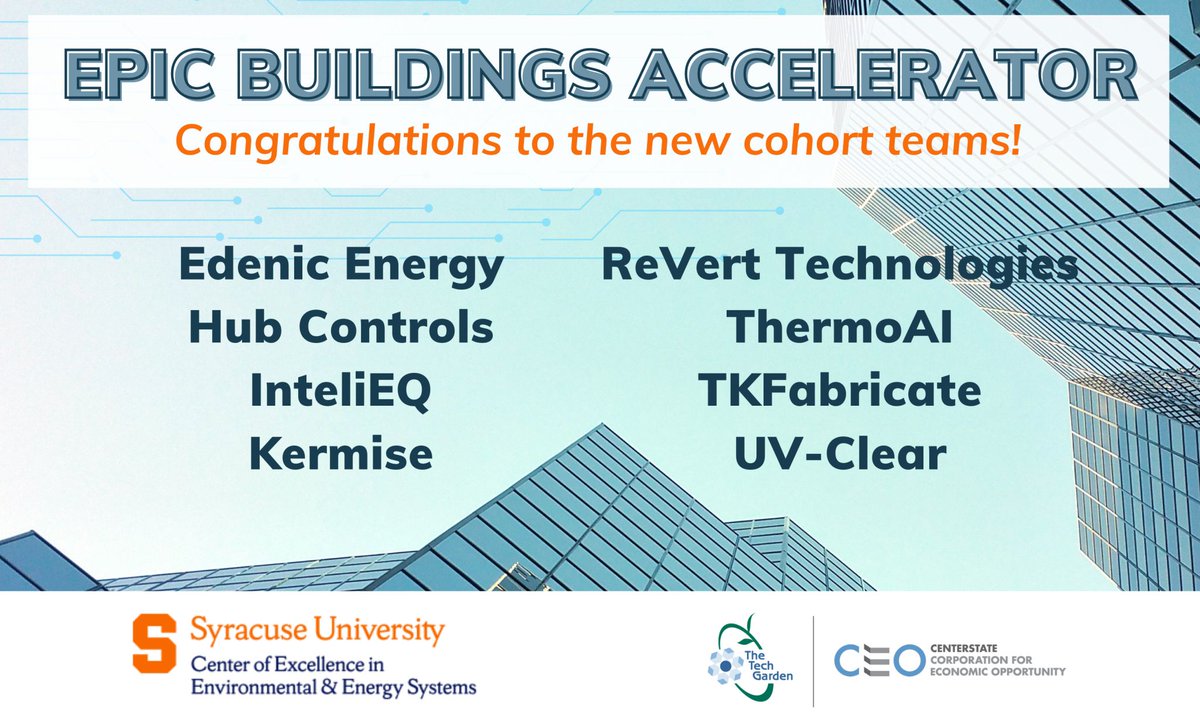 Congratulations newly accepted Cohort 3 teams of the EPIC Buildings Accelerator! Edenic Energy, Hub Controls, InteliEQ, Kermise, ReVert Technologies, ThermoAI, TKFabricate, & UV-Clear. Read more: hubs.la/Q02rvt6y0 @CenterStateCEO @SyracuseCoE #cnytech #cleantech #startups
