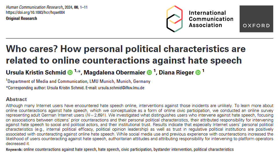 📢 Publication alert 🚀@uk_schmid, @Malena_Kah & @_DianaRieger just published their study „Who cares? How personal political characteristics are related to online counteractions against hate speech“ in @HCR_Journal 🔗 doi.org/10.1093/hcr/hq… #hate #hatespeech A threat👇 1/7