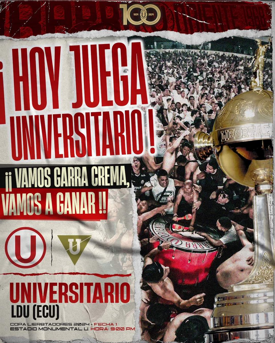 ⚽️⚽️ ¡¡¡HOY JUEGA UNIVERSITARIO!!! ⚽️⚽️
🔥🔥¡¡¡ VAMOS GARRA CREMA, VAMOS A GANAR!!!🔥🔥
#laprimerabarra1968
#los100añosdelau