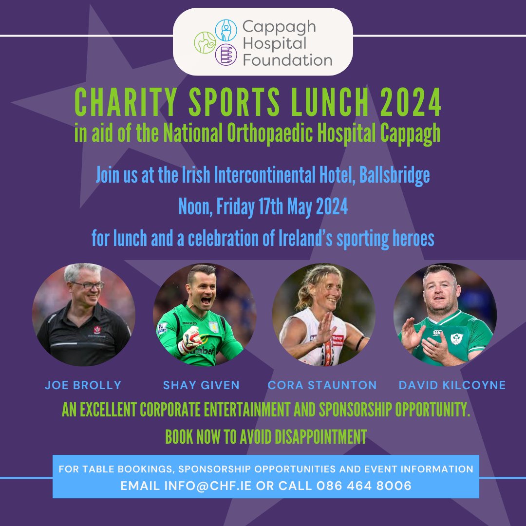This year's Cappagh Hospital Foundation Charity Sports Lunch will be held on May 17, 2024, at the Irish InterContinental Hotel in Ballsbridge, and there are a limited number of tables remaining. If you wish to book a table, email info@chf.ie or call 086 464 8006.
