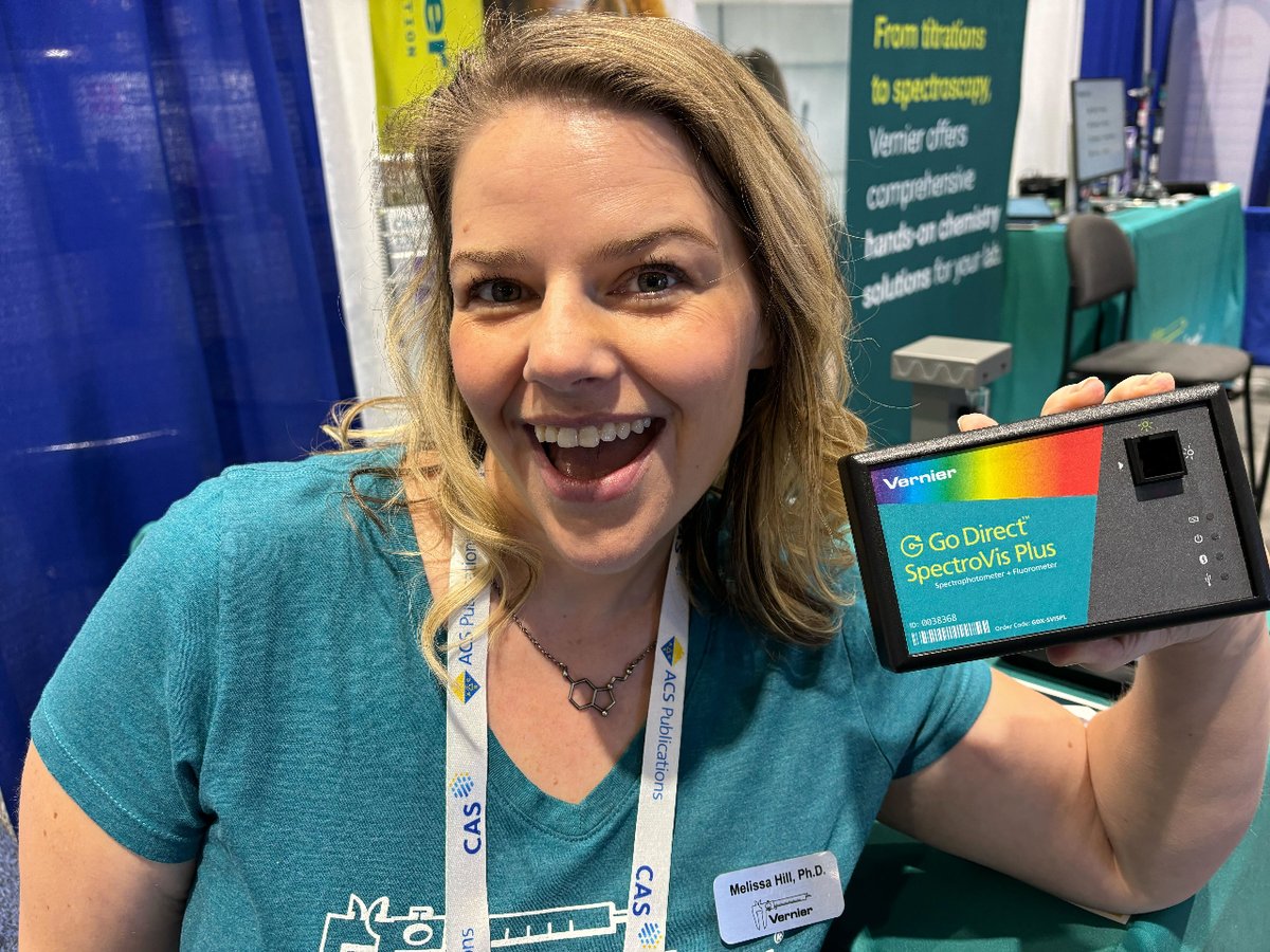 Check out this picture of chemistry expert Dr. Melissa Hill at ACS 2024 alongside the Go Direct® SpectroVis® Plus! This spectrometer enables students to determine concentrations via Beer's law or monitor reaction rates from absorbance or transmittance data.