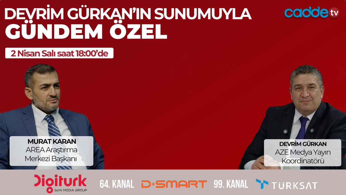 Devrim Gürkan’ın sunumuyla Gündem Özel’in bugünkü konuğu AREA Araştırma Merkezi Başkanı Murat Karan, seçim sonuçlarını CADDE TV’de  değerlendirecek.
<a href="/devrimgurkan/">devrim gurkan</a> 
<a href="/areaarastirma/">Area Araştırma</a>