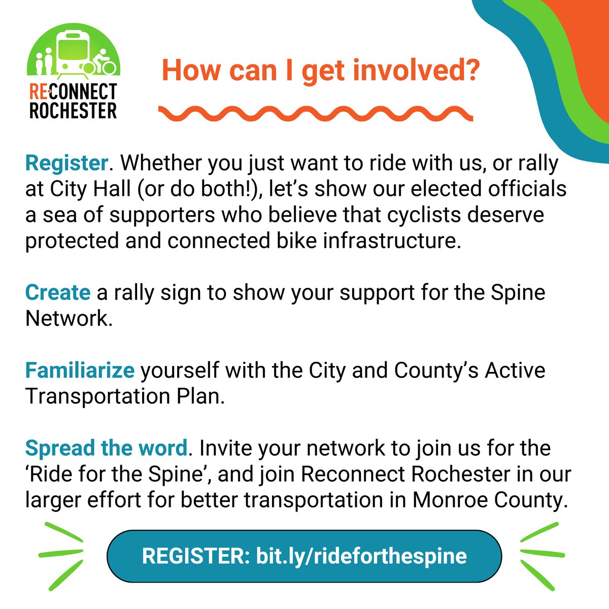 ✨SAVE THE DATE✨ Join Reconnect Rochester for a FREE ride and rally event on Friday, May 3rd to show our elected officials community support for a seamless and protected 'Bike Spine Network' that accomodates riders of all ages and abilities. bit.ly/rideforthespine