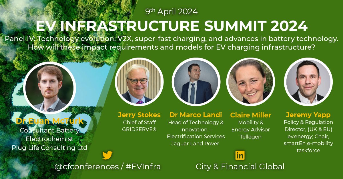 A week today at #EVInfra I'll be on stage with @GRIDSERVE_HQ's Jerry Stokes, @JLR_News's Marco Landi, V2G guru Claire Miller + @evdotenergy's Jeremy Yapp to discuss how V2X, super-fast charging + battery advances will impact EV charging. See you in Canary Wharf! @cfconferences