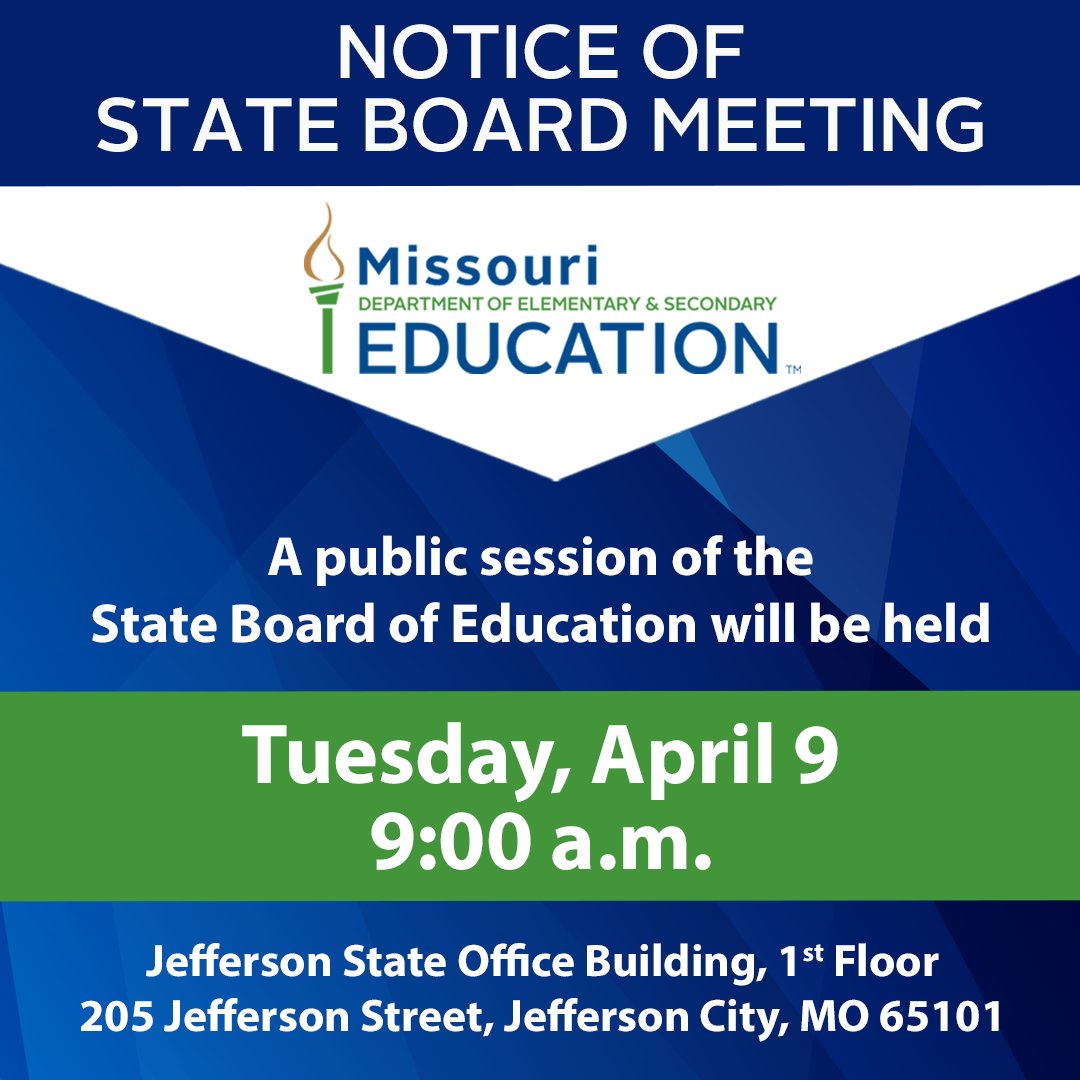 The Missouri State Board of Education meets today at 9:00 a.m. The meeting is open for the public to attend in person. Click here to listen to the meeting audio: dese.mo.gov/sbe-livestream For the agenda: dese.mo.gov/april-9-2024-m… #MoSBOE