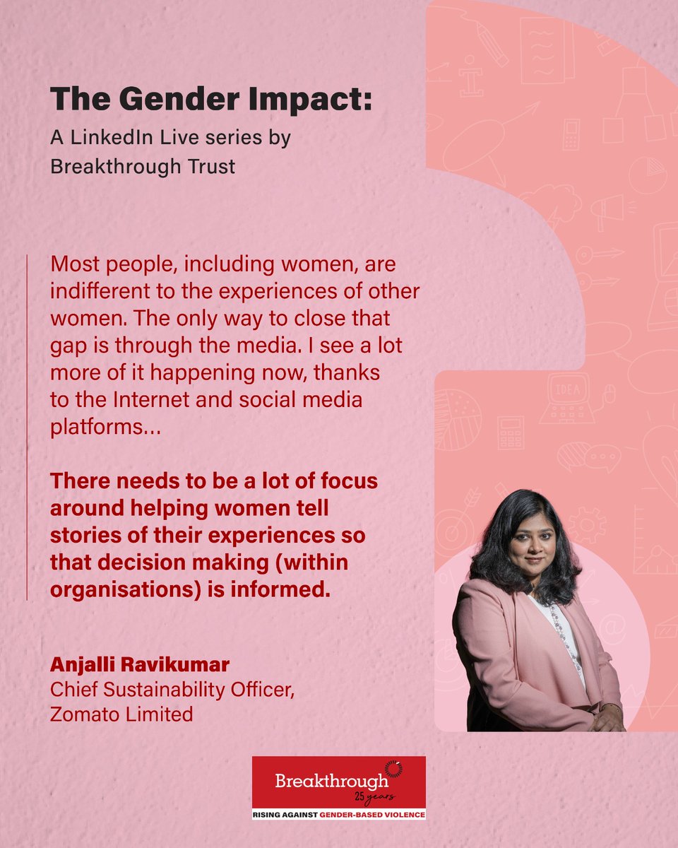 <a href="/anjalli80/">Anjalli Ravi Kumar</a>, Chief Sustainability Officer at <a href="/zomato/">zomato</a>, believes that media plays a vital role in bringing women's experiences &amp; stories into mainstream visibility. Hear more on Episode 2 of The Gender Impact, our LinkedIn Live series. Link⏬