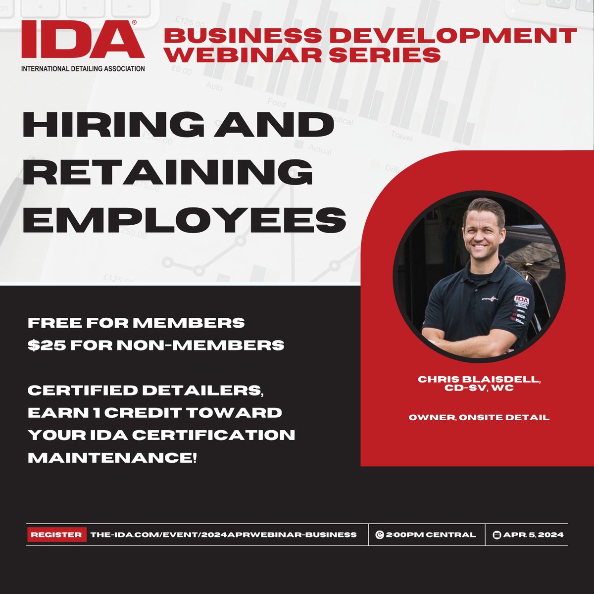 Join us this Friday at 2pm CDT for the next IDA Business Development Webinar. Chris Blaisdell, CD-SV, WC, is the owner of Onsite Detail, a detailing company w/ mobile services in Utah &amp; Las Vegas, &amp; a detail shop in Midvale, Utah.

Register now: the-ida.com/event/2024aprw…