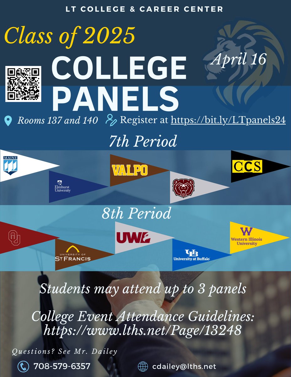 JUNIORS: Looking to explore college options? Attend a College Panel on April 16th! Each panel will include 5 schools (public/private, large/small, in state/out of state, etc.). Students are able to attend up to three panels of their choosing. Sign up at forms.gle/Xwh5CX6wHJN6Em…