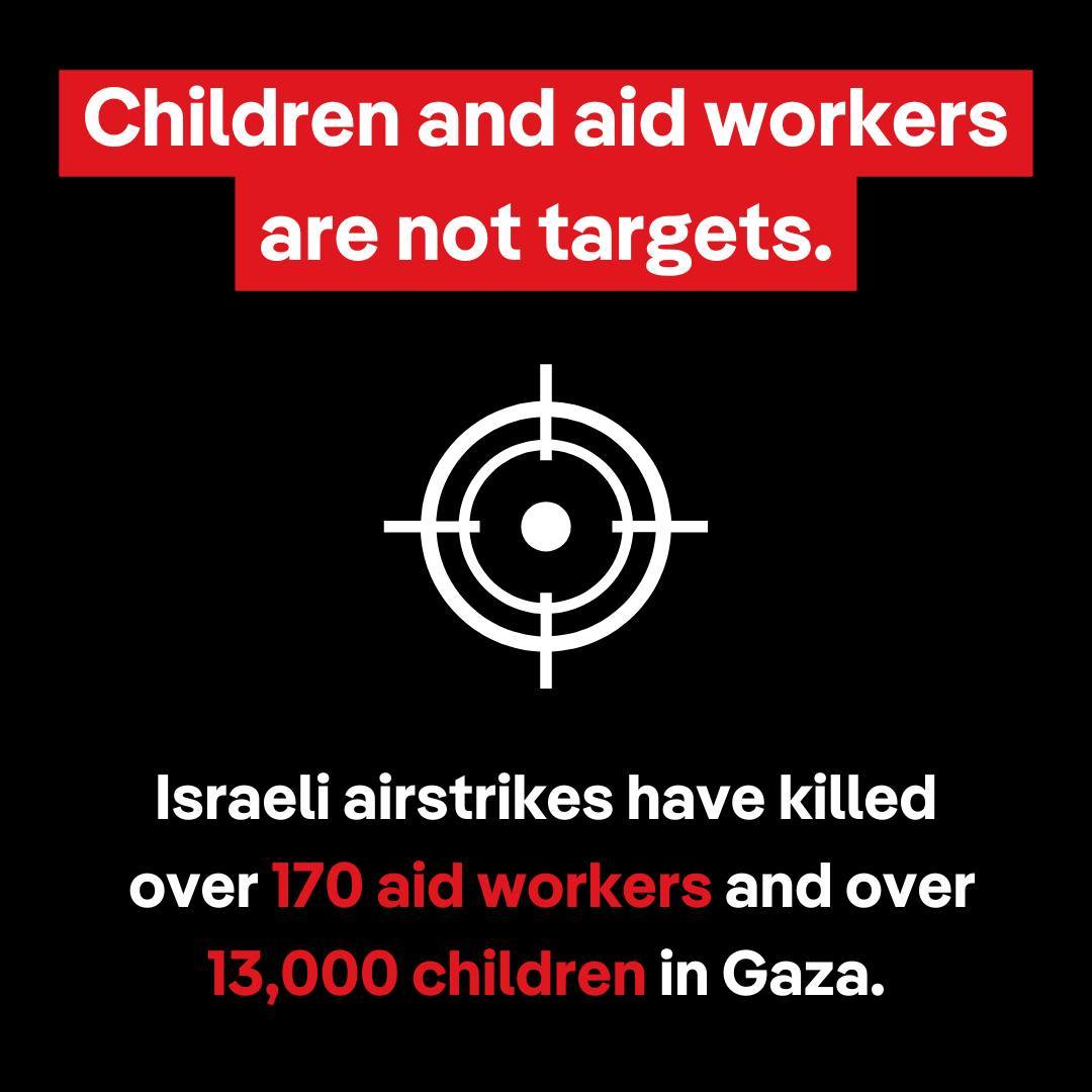 We are devastated to hear about the seven World Central Kitchen workers who were killed by Israeli airstrikes yesterday. 

In less than 6 months, Israeli airstrikes have killed over 170 aid workers and over 13,000 children.

We need a #ceasefireNOW