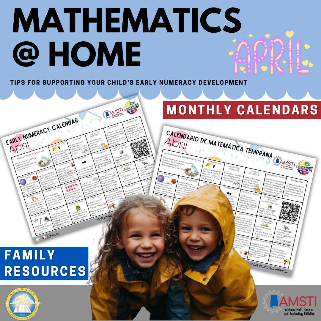 The April Early Numeracy Calendar has been uploaded to the AMSTI Mathematics @ Home Wakelet! English and Spanish versions are both available at bitly.amsti.org/calendars. #AMSTI4all <a href="/AlabamaAchieves/">Alabama State Department of Education</a> <a href="/mjshields/">Dr. Melissa Shields, NBCT</a> <a href="/KAnderson356/">Karen Anderson</a> <a href="/AlabamaSTEM/">Alabama STEM Council</a> <a href="/OMIALSDE/">Office of Mathematics Improvement</a> <a href="/AL_DECE/">Alabama Department of Early Childhood Education</a>