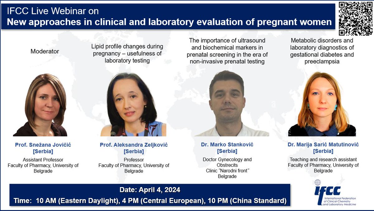 Mark on your agenda next #IFCCWebinar on “New approaches in clinical and laboratory evaluation of pregnant women“. Date: 4th April 2024 Certificate of participation available for all registrants Register here: workcast.com/register?cpak=… #IFCCLiveWebinars #webinar #ifcc