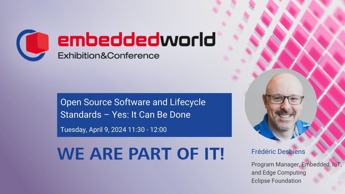 EclipseIoT's tweet image. Join @BlueberryCode at #EmbeddedWorld2024 on April 9, 11:30 AM, for a transformative talk on &apos;Open Source Software and Lifecycle Standards – Yes: It Can Be Done&apos; hubs.la/Q02qZnTl0