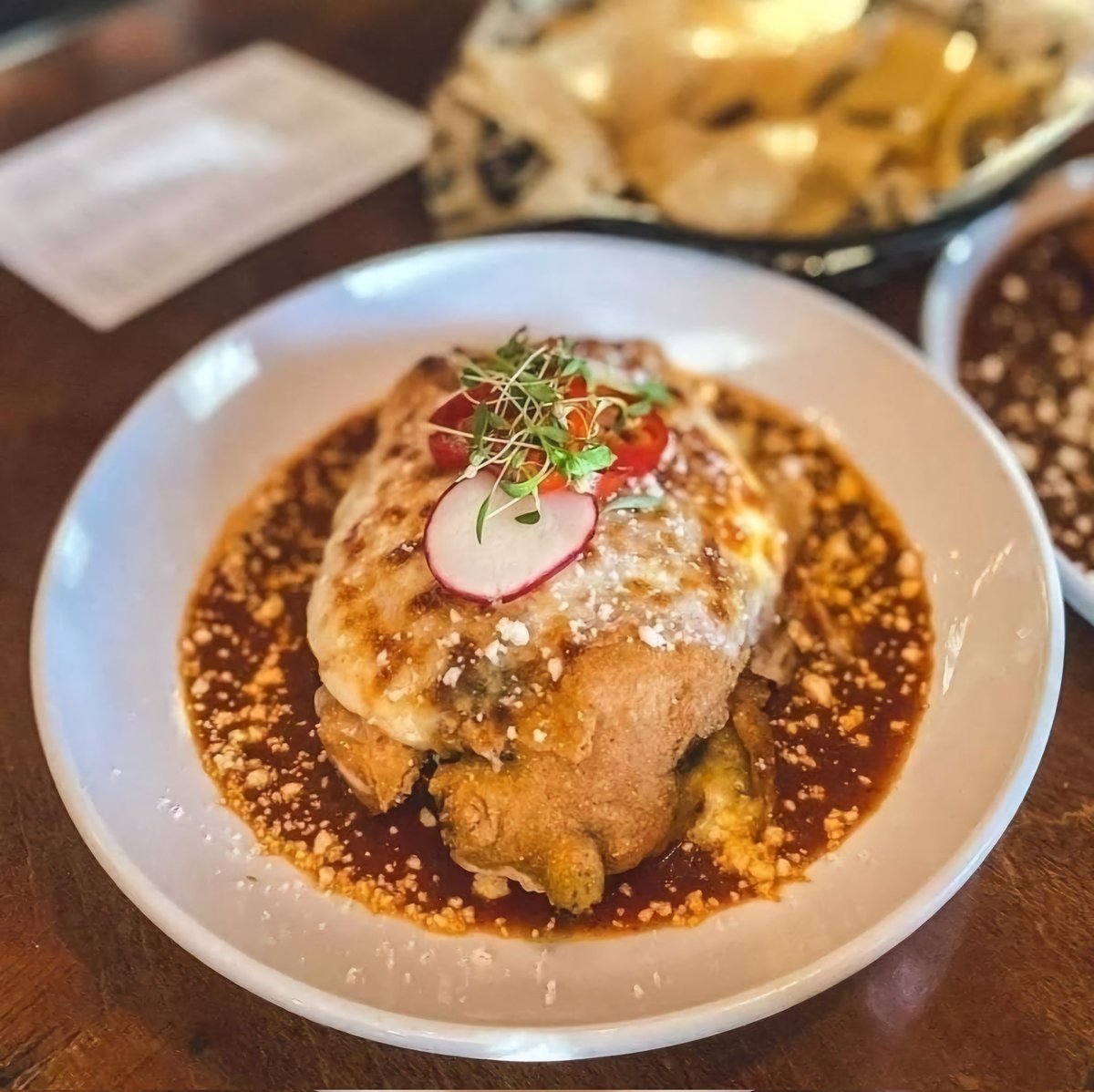 CHILE RELLENO (v) poblano chile stuffed with roasted vegetables + smoked gouda fundido | yellow cornmeal tempora battered | chile guajillo ranchero sauce | pickled fresno chiles #modmex OPEN tonight 4pm-9pm, HAPPY HOUR until 6pm plus its #tequilatuesday