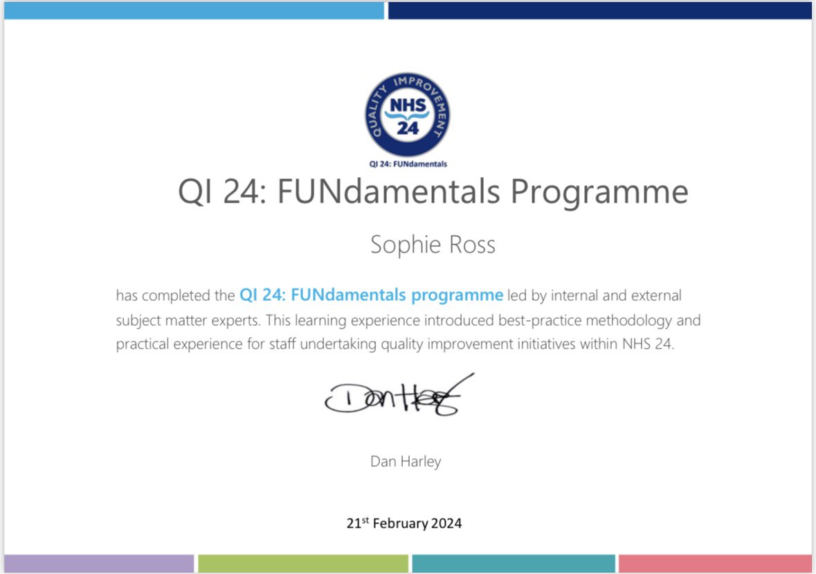 Got my certificate for completing @NHS24_QIET @NHS24 QI:FUNdamentals programme 🙌 #NHS24QIC4