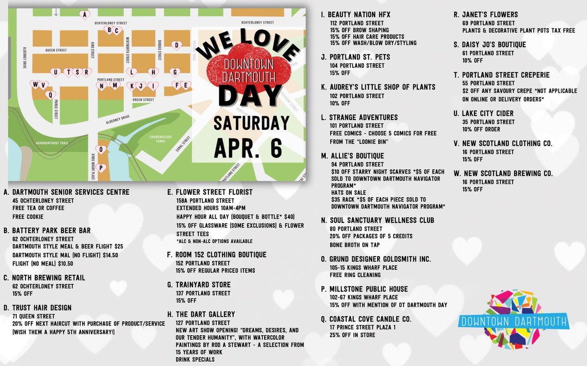 This Saturday, April 6th is We Love Downtown Dartmouth Day!   To show some #AllTogether Downtown Dartmouth love, several businesses have collaborated to offer deals, promotions, or discounts to those who show proof of purchasing from another participating business that day.