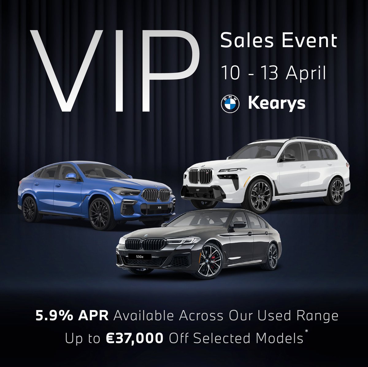 Join us for the Kearys BMW Approved Used VIP Sales Event! Wed 10th - Sat 13th of April. 5.9% APR Available VIP Weekend Only! Up to €37,000 OFF selected models. Book your appointment below: kearys.ie/bmw/new-cars/o… 📞Call us on: 021 500 3600