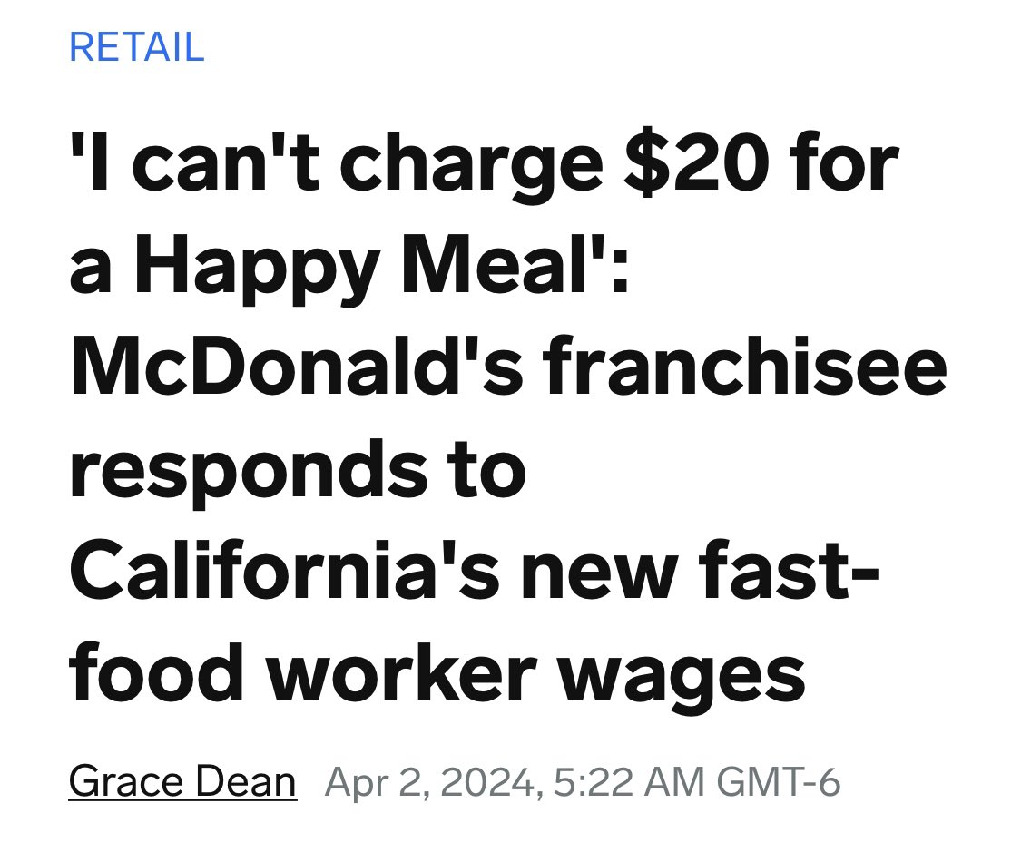 McDonald’s workers in Denmark make over $20/hr, and a happy meal is $6.20. So maybe we have a greedy boss problem here, not a minimum wage is too high problem.