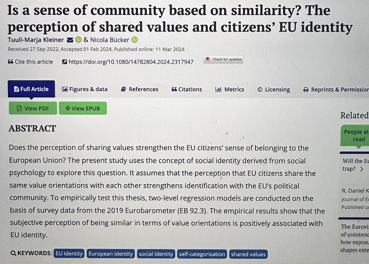 ECPR Standing Group on Citizenship (@ecprsgcitizen) on Twitter photo 🇪🇺Is a sense of #community based on solidarity? The perception of #SharedValues & citizens’ #EUIdentity” by Tuuli-Marja Kleiner & Nicola Bücker available as early view <a href="/JournalCES/">JCES</a>
⭐️part of SI edited by <a href="/AleSojka/">Aleksandra (moved to alesojka.bsky.social)</a> & @NoraSiklodi
Read& share 👇🏻
tandfonline.com/doi/full/10.10… 🇪🇺Is a sense of #community based on solidarity? The perception of #SharedValues & citizens’ #EUIdentity” by Tuuli-Marja Kleiner & Nicola Bücker available as early view <a href="/JournalCES/">JCES</a>
⭐️part of SI edited by <a href="/AleSojka/">Aleksandra (moved to alesojka.bsky.social)</a> & @NoraSiklodi
Read& share 👇🏻
tandfonline.com/doi/full/10.10…