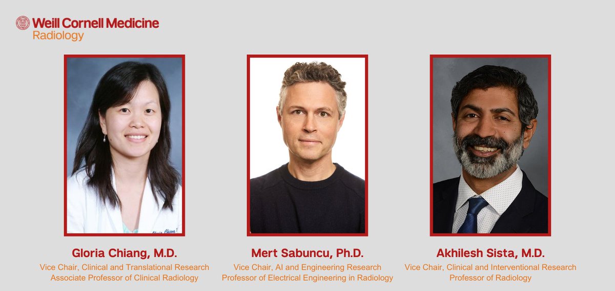 👏@WeillCornell Radiology is thrilled to welcome not one, not two, but THREE new vice chairs for research! Please give a warm welcome to Drs. Gloria Chiang (@GloriaChiangMD), Mert Sabuncu (@mertrory), & Akhilesh Sista (@akhileshsistaMD)! Learn more: 👉 tinyurl.com/25md2pxt