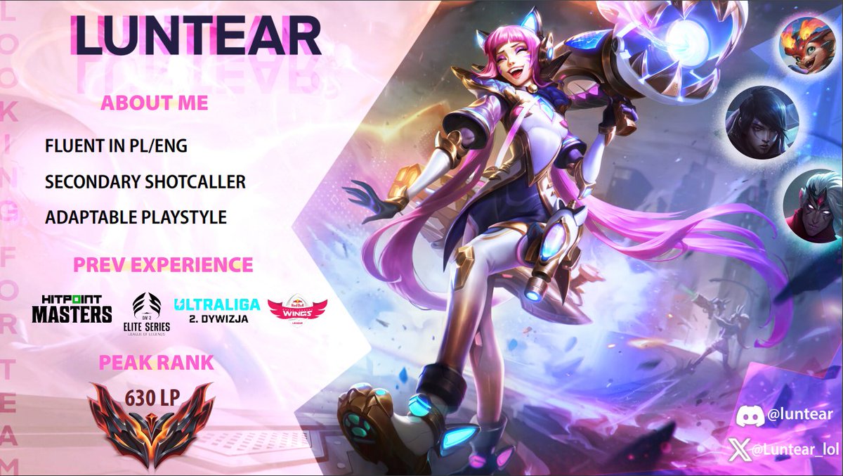 Hello
I'm adc LFT for Summer 2024
I'm mostly interested in erl 1/2 but i will consider every offer
♥️&amp;🔁appreciated
lolpros &amp; leaguepedia links in comment bellow