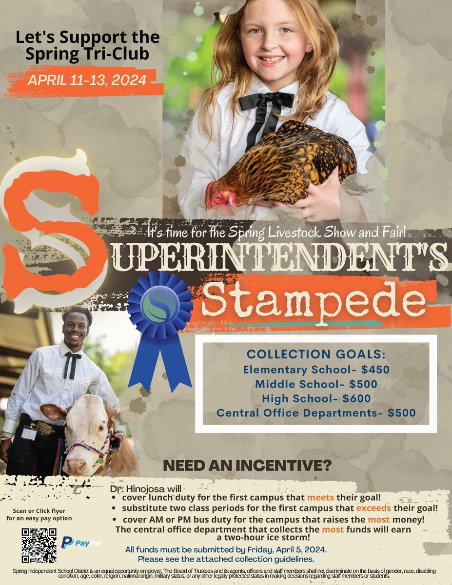 SpringISD's tweet image. It&apos;s almost time for the @springtriclub Show, and we&apos;re  raising money for the Superintendent&apos;s Stampede! Want to help Spring ISD in giving back to the students participating? ❤️Donate now: springisd.org/stampede
