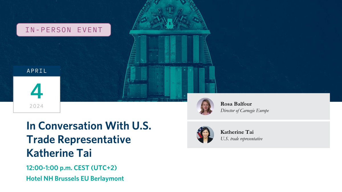 This Thursday, @RosaBalfour will be in conversation with U.S. Trade Representative @AmbassadorTai to discuss the future of #transatlantic trade. To hear about how Europe & the United States can navigate emerging geopolitical challenges, register & join ➡️ carnegieeurope.eu/e-8274