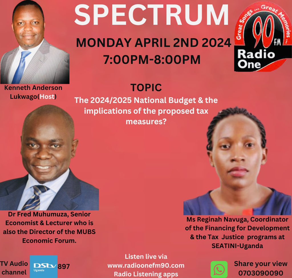 @FredMuhumuza8 & #ReginaNavuga from @SEATINIUGANDA will be discussing the 58.3 Trillion shillings budget including the proposed tax measures @CSBAGUGANDA @SeatiniU @herbertk4 @OfficialMubs @URAuganda @mofpedU @PSF_Uganda @rs1elvis @JosephinNdagano @ugandadebtnet