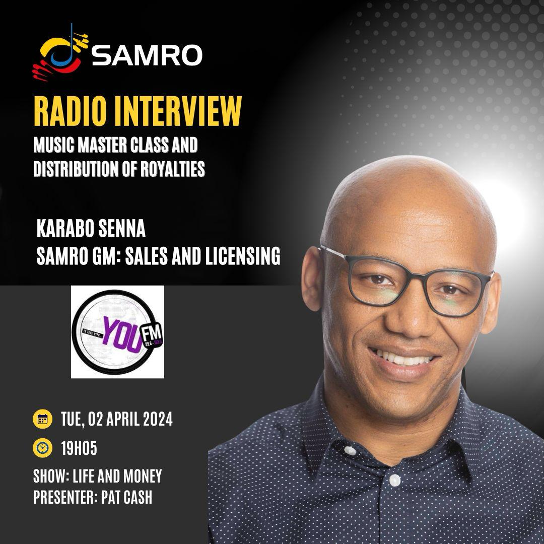 Catch SAMRO's General Manager of Sales and Licensing, Karabo Senna, live on @YOUFM898 tonight at 19h05 as he discusses the Music Business Masterclass and the recent R33 Million Distribution of Digital Royalties. Don't miss out on this captivating discussion. #SAMRO…