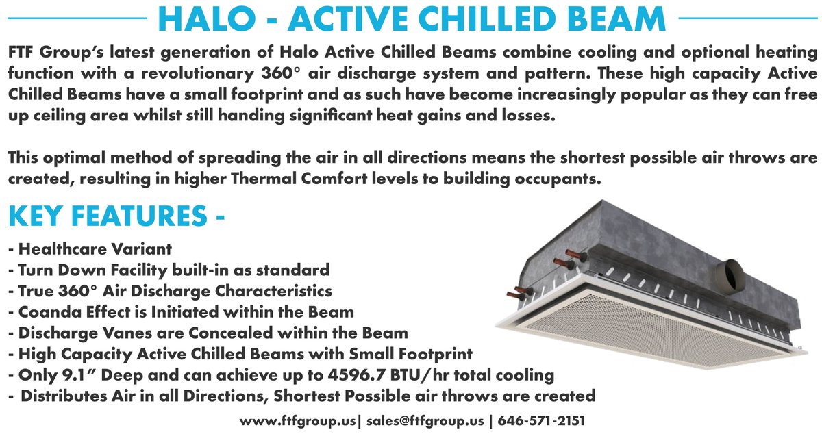 FTF Group Climate designs, manufactures, and supplies a wide range of highly efficient #ChilledBeams including their Halo Active Chilled Beam.    

Learn more 👇

ftfgroup.us/products/activ…

#HVAC