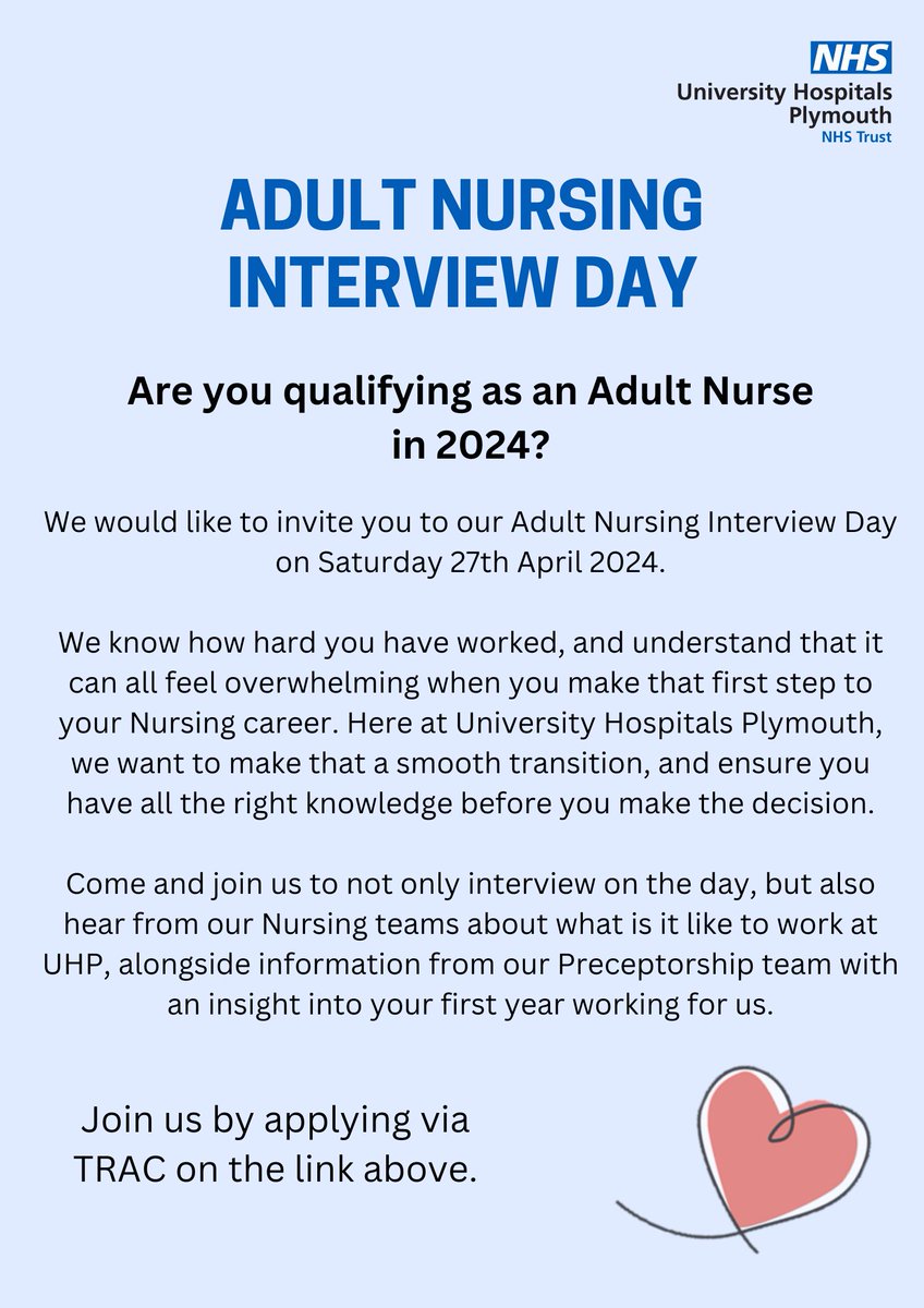UHP Derriford Recruitment (@derrifordjobs) on Twitter photo Are you qualifying as an Adult Nurse in 2024, and want to work at <a href="/UHP_NHS/">University Hospitals Plymouth NHS Trust</a>?
⬇️ Final chance to apply below as the closing date is this Sunday at midnight!⬇️
<a href="/DerrifordNurses/">UHP Nursing 💙</a>
jobs.nhs.uk/candidate/joba… Are you qualifying as an Adult Nurse in 2024, and want to work at <a href="/UHP_NHS/">University Hospitals Plymouth NHS Trust</a>?
⬇️ Final chance to apply below as the closing date is this Sunday at midnight!⬇️
<a href="/DerrifordNurses/">UHP Nursing 💙</a>
jobs.nhs.uk/candidate/joba…