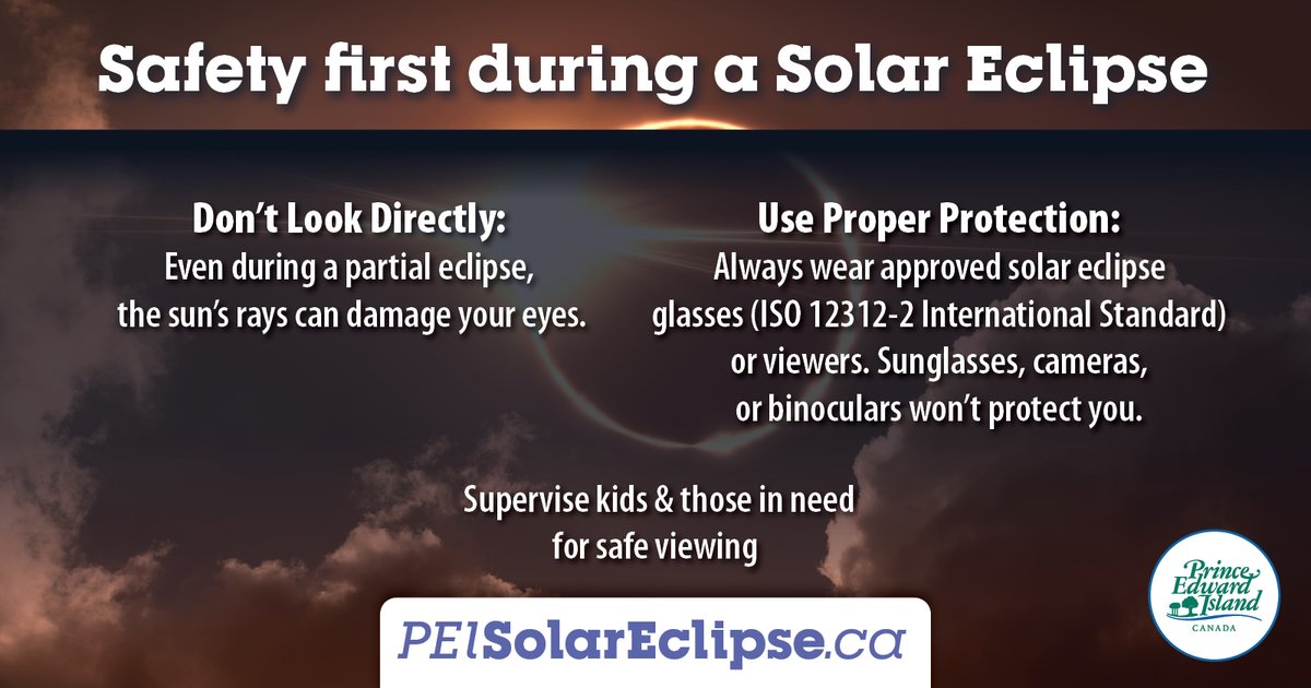 The solar eclipse is just around the corner. It's crucial to prioritize safety while enjoying this awe-inspiring event! Remember to wear certified solar viewing glasses that meet the ISO 12312-2 International Standard. @infoPEI Information: PEISolarEclipse.ca