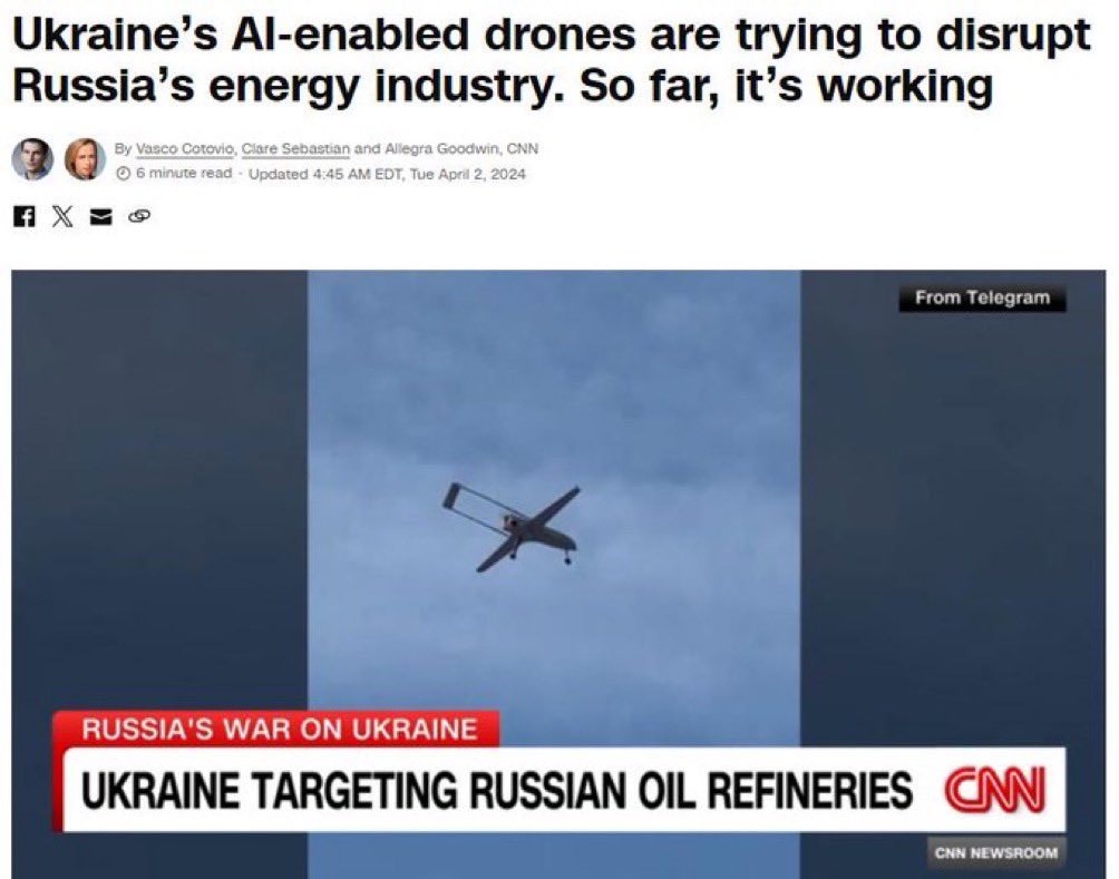 The AI powered warfare machine is here🤖

Ukrainian long-range drones attacking Russian refineries are using artificial (#AI) intelligence, specifically '#MachineVision,' to autonomously navigate and identify targets, CNN reports. These drones operate independently, without the