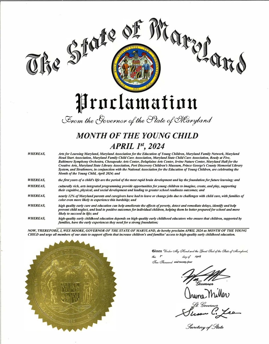 Governor Moore has recognized April as Month of the Young Child along with recognizing the early childhood educators and associations that support child care in Maryland. Thank you Governor Moore!