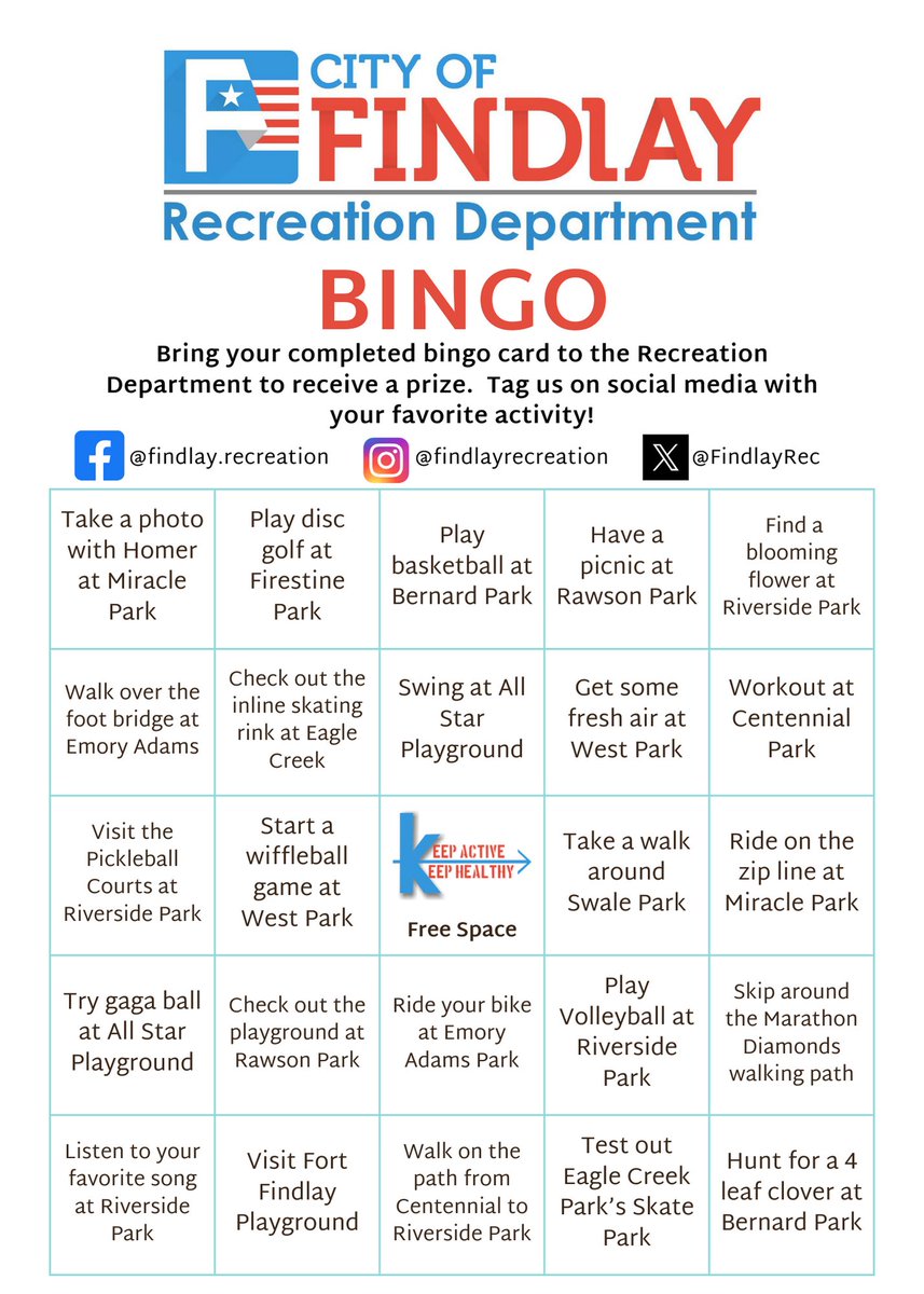 FindlayRec's tweet image. Throughout the month of April visit City of Findlay parks and complete the tasks listed on the bingo card.  Once you have completed a bingo bring your card into the Recreation Department to receive a prize!  Let’s get out into our city parks this month and get moving!