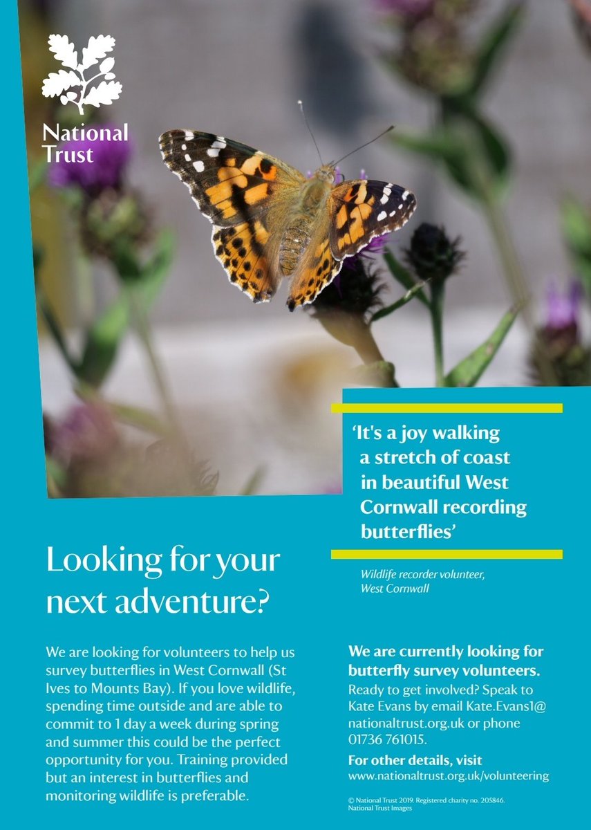 Please see the paragraph below and PDF attachment from our friends at the National Trust who require volunteers for butterfly transects in West Cornwall! If interested, please email Kate directly at: Kate.Evans1@nationaltrust.org.uk or 01736 761015. Photo credit: National Trust