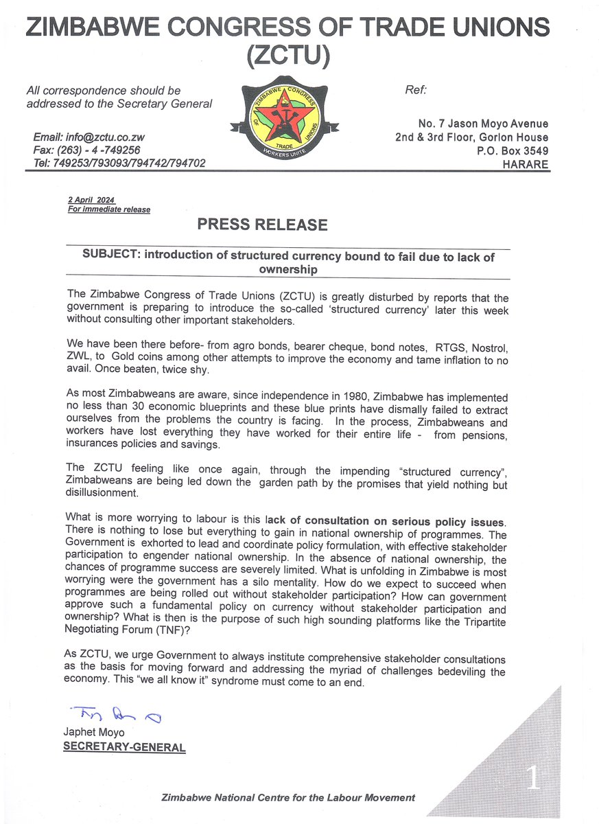 WE are greatly disturbed by reports that Gvt is to introduce a ‘structured currency’ later this week without consulting other important stakeholders. @FMuchae @japhet_moyo @munengiwakuda @chikosip @runesuchipamau2 @NewsDayZimbabwe @ituc @ituc_africa @iloharare @OMpslsw