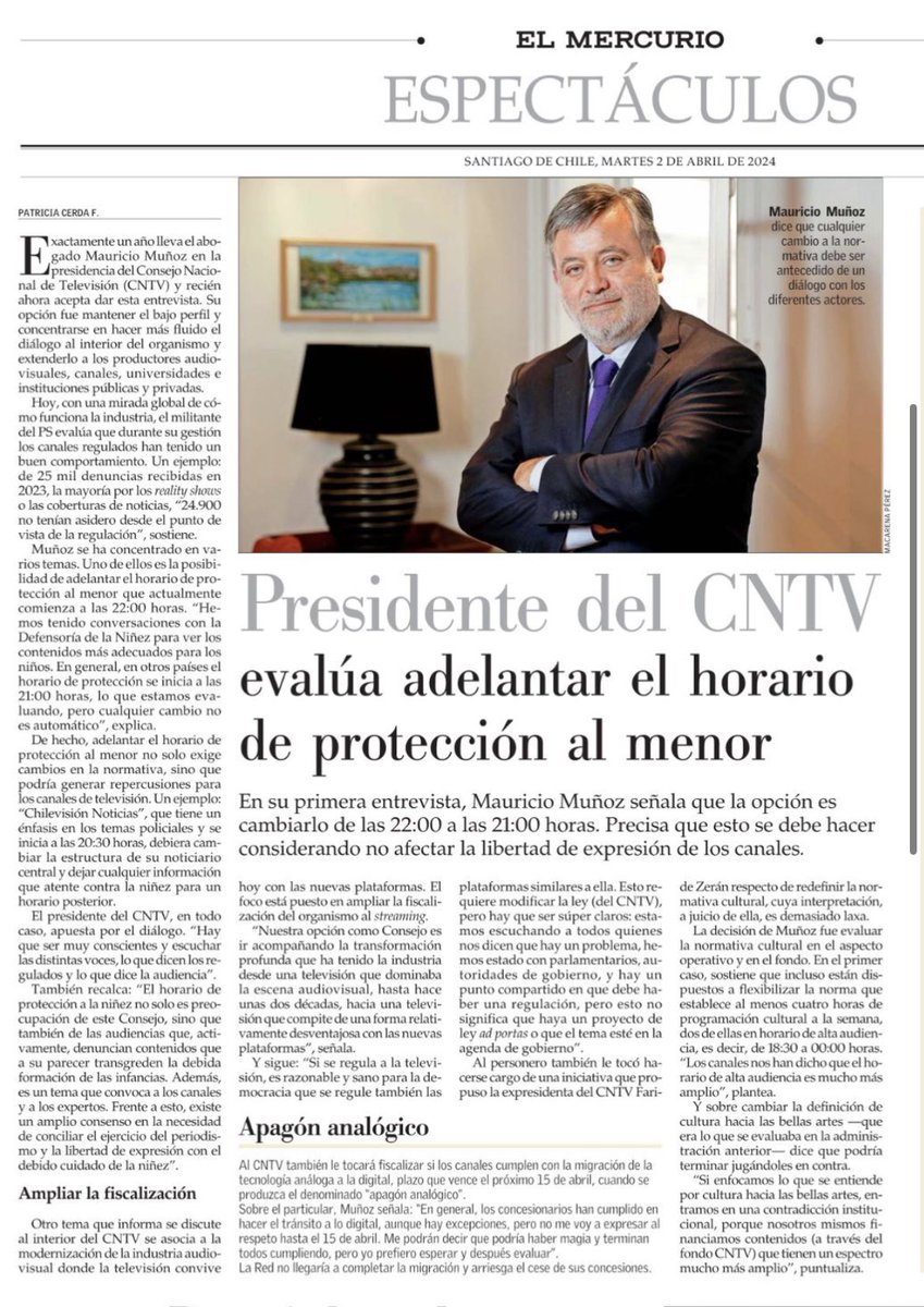 Pdte. CNTV @MauricioaMunozg en entrevista @ElMercurio_cl reflexiona sobre el rol del CNTV - La importancia de la protección del horario para niños y niñas - La modernización de la institución acorde a la convergencia medial -Apagón analógico