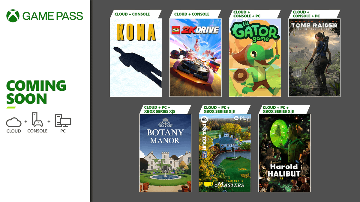 Coming soon to Xbox Game Pass LEGO 2K Drive | EA Sports PGA Tour | Harold Halibut and more.. Learn more > bit.ly/4cILIO2